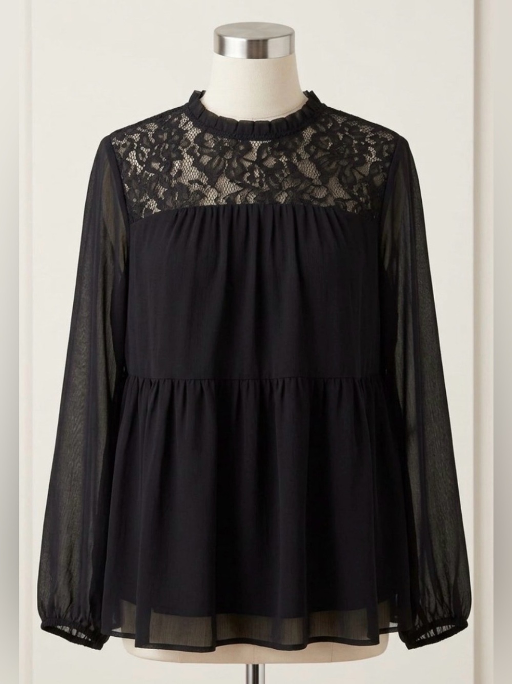 Torrid Black Lace Yoke Chiffon Tiered Babydoll Blouse Top 1X